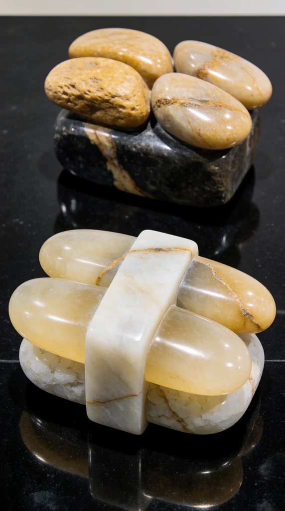 Two stone sculptures resembling sushi resting on a highly polished black surface. The foreground sculpture features two smooth, translucent pale yellow stones bound by a rectangular white stone band. Behind it, textured golden-brown stones are clustered atop a dark charcoal-colored block. Bright overhead lighting creates sharp reflections on the glossy table, emphasizing the polished geological textures of the clever trompe l'oeil design.