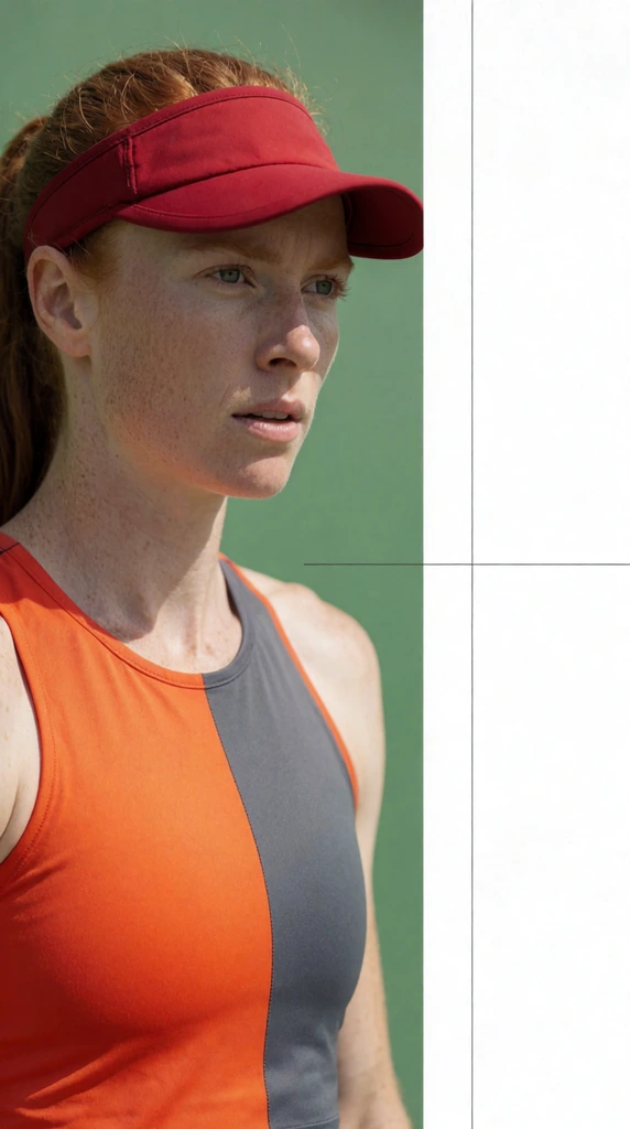 split-screen layout, close-up portrait of a Caucasian female athlete on the left, straight red hair in a ponytail, crimson athletic visor, intense focused gaze looking off-camera, sleek sleeveless top color-blocked in bright orange and grey, solid matte green background, right half consisting of a stark white minimalist panel intersected by thin black grid lines, modern editorial design, bright natural lighting, sharp focus