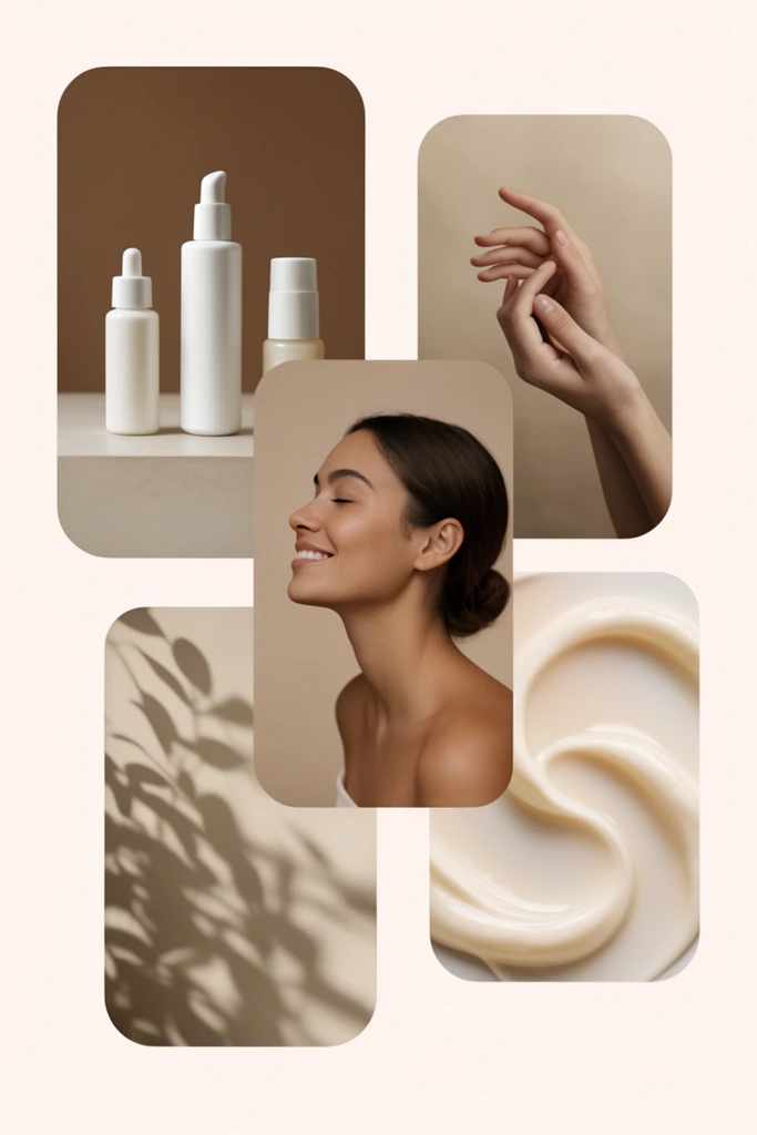 A collage of floating rounded rectangular frames displaying minimalist wellness imagery against a pale background. The overlapping screens feature sleek white cosmetic bottles, a serene woman smiling in profile, delicate resting hands, botanical shadows on beige walls, and smooth swirls of lotion. The composition uses a warm, neutral palette of beige, tan, and earthy brown, unified by soft diffused lighting.