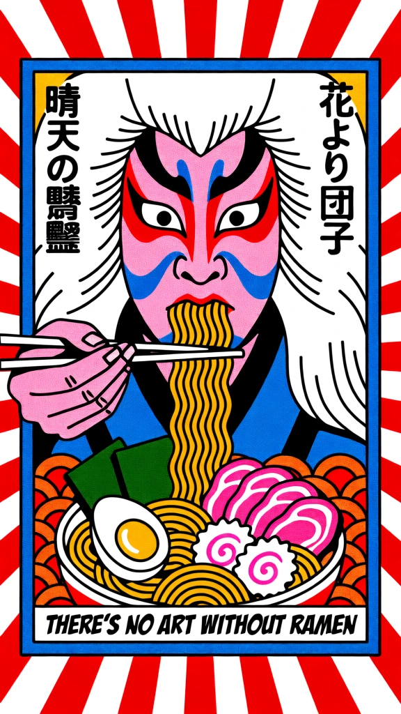 A stylized graphic illustration depicts a central Kabuki-style figure with an intensely painted face consuming a bowl of ramen against a radiant background. The figure features a pinkish face adorned with bold red and blue kumadori makeup patterns, wide white eyes with small black pupils, and long, voluminous white hair that flows outward. A hand with matching pinkish skin and dark-lined fingernails holds a pair of white chopsticks, lifting a thick bundle of wavy yellow noodles from a large bowl toward the figure's mouth. The bowl of ramen in the bottom foreground is filled with yellow noodles, a halved hard-boiled egg with a bright yellow yolk, two square green nori sheets, several slices of pink meat with white fat lines, and two white narutomaki fish cakes with pink spiral designs. This central scene is enclosed within a rectangular blue border, which is further surrounded by a frame of alternating red and white diagonal stripes radiating from the center like a sunburst. At the bottom, behind the ramen bowl, a pattern of overlapping red and orange scales or waves is visible. Vertical black Japanese text is placed on either side of the figure's head, with "晴天の霹靂" on the left and "花より団子" on the right. A white horizontal banner at the bottom of the inner frame contains the English phrase "THERE'S NO ART WITHOUT RAMEN" in a bold, black, sans-serif font. The illustration employs a pop-art aesthetic with thick black outlines and a visible halftone dot texture across the colored surfaces, creating a vintage print effect. The composition is symmetrical and frontal, utilizing a vibrant color palette of red, blue, yellow, and white.
