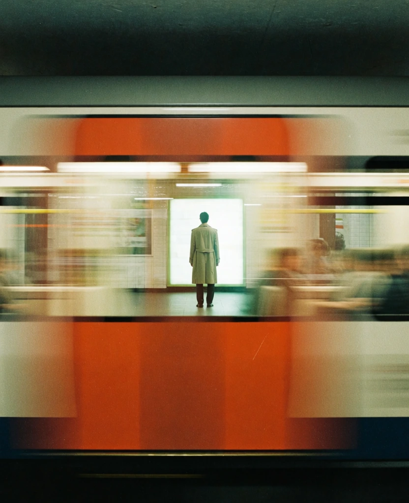 A lone figure stands stationary on a brightly lit subway platform, captured through the window of a fast-moving train in a long-exposure photograph. The person, positioned in the center of the frame, is seen from behind and wears a light-colored, knee-length trench coat over dark trousers, standing with a neutral posture. Surrounding the figure, the interior of the station is a blur of white and pale green light, appearing as a glowing rectangular portal. The foreground and much of the middle ground are dominated by the heavy horizontal motion blur of the passing train, which features a prominent, vibrant orange-red band along its lower half and a creamy-white upper section. The top and bottom of the composition are framed by dark, shadowed areas, creating a cinematic, letterboxed effect. The overall color palette is characterized by a high-contrast mix of desaturated greens, stark whites, and the bold orange of the train car. Significant film grain is visible throughout the image, enhancing its moody, atmospheric street photography style, while the low-shutter-speed technique creates a sense of speed and isolation.