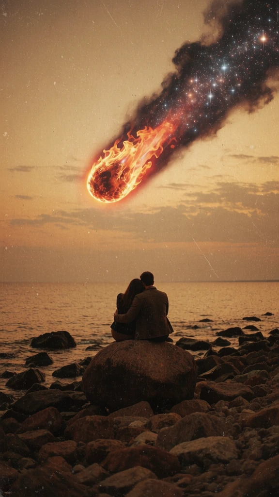 A couple sits in a close embrace atop a large, dark boulder on a rocky shoreline as a massive flaming meteor streaks through a sepia-toned sky. The two figures, positioned centrally in the lower half of the frame, face away from the viewer with their silhouettes merged together; the figure on the right wears a dark jacket while the one on the left has long, dark hair. Below them, a field of jagged, dark brown rocks extends into the calm, dark water of a sea or ocean. Dominating the upper portion of the image, a large meteor with a bright, incandescent orange and red flaming head moves diagonally from the upper right toward the center-left. A thick trail of dark, charcoal-colored smoke follows the meteor, filled with a dense field of tiny, glittering white and blue points of light that resemble a galaxy. The entire scene is bathed in a warm, monochromatic palette of oranges, browns, and muted yellows, evoking a twilight atmosphere. The horizon line is flat and distant, separating the textured water from the hazy, cloud-filled sky. The image has a heavy, grainy texture throughout, resembling a vintage film photograph or a distressed digital collage, with small specks and dust marks visible across the surface. The lighting is dramatic, with the primary light source appearing to be the glowing celestial body, casting a soft reflection on the water's surface.