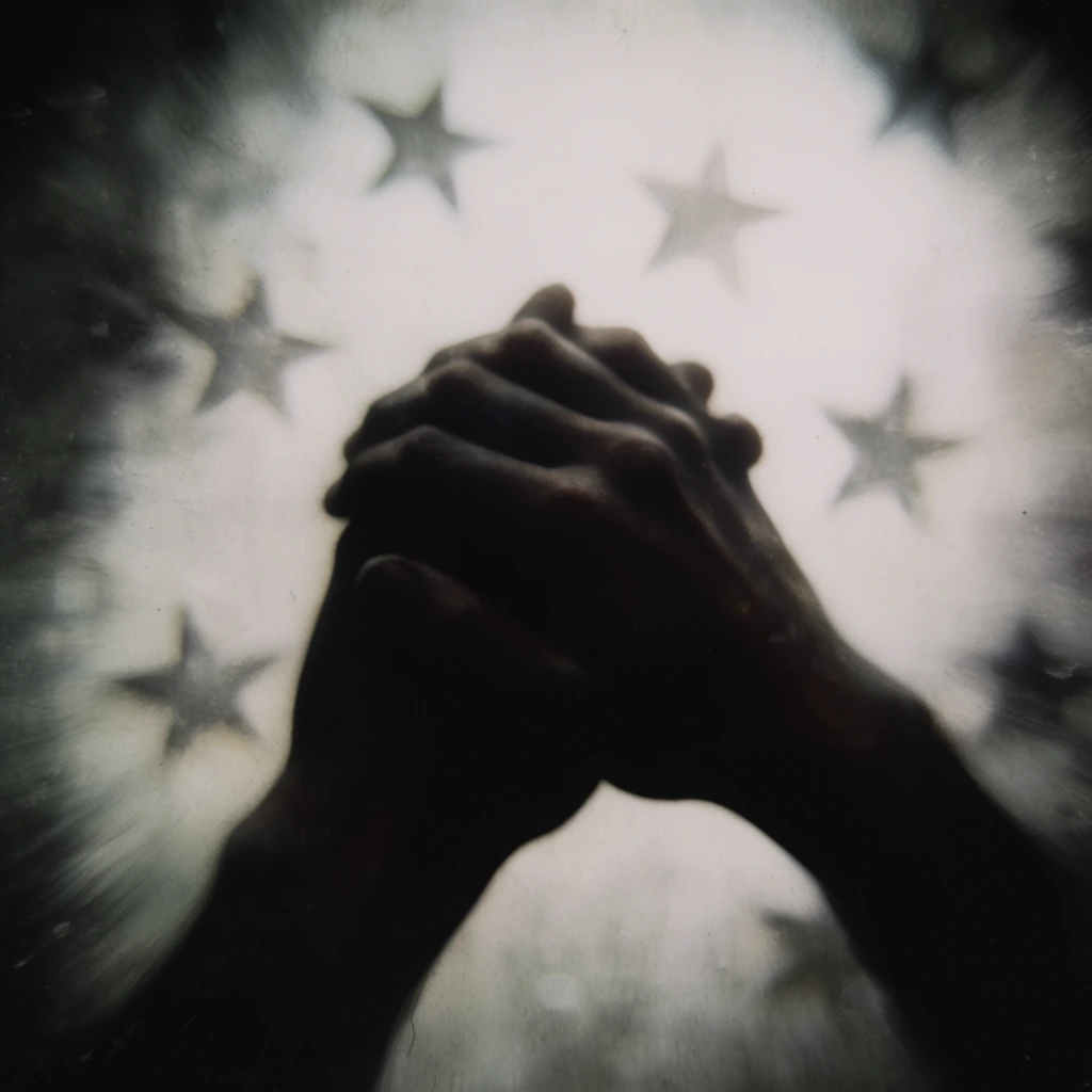 Two deeply shadowed, clasped hands form the central focus, surrounded by scattered, diffused stars in a moody, antique photographic aesthetic. The intertwined hands are heavily darkened, acting as near-silhouettes against a stark, blown-out, hazy whitish-grey background that holds the softly glowing stars. The severely desaturated color palette features crushing blacks, murky dark undertones, and glaring, washed-out highlights. A pronounced, heavy dark vignette and aggressive radial lens blur distort the edges of the frame, creating a swirling motion effect that smears the periphery while leaving the central hands in a soft, dreamlike focus. The overall composition exhibits a high-grain texture, a painterly depth of field, and the soft, degraded emulsion quality characteristic of vintage, large-format alternative process film photography captured under heavily diffused, overcast-style lighting.