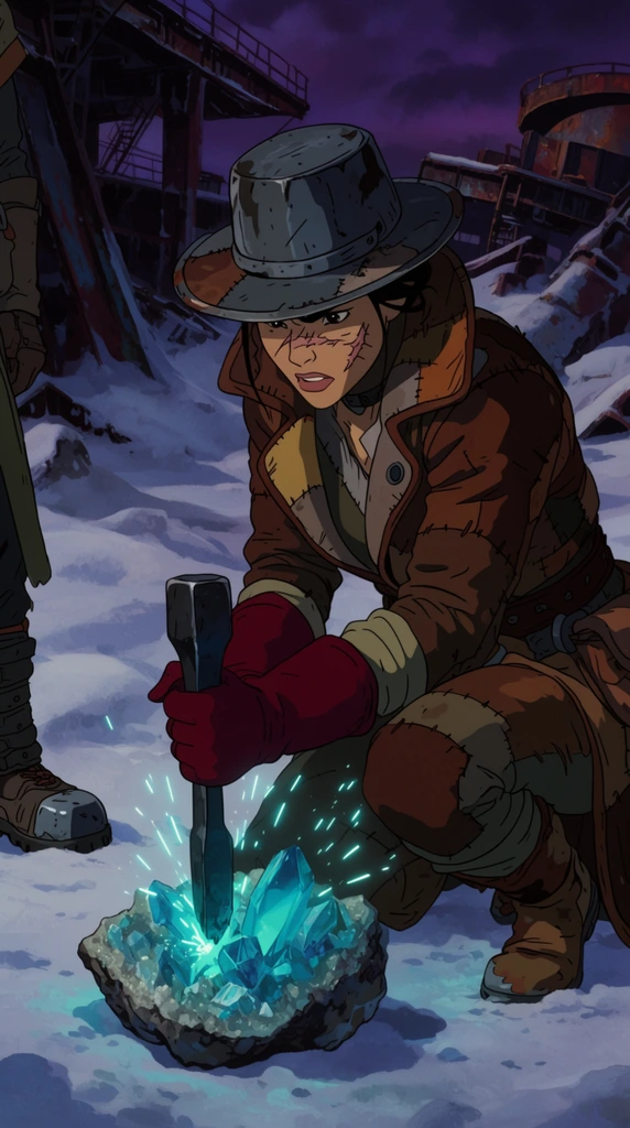 A scarred female scavenger crouches low in a snowy industrial wasteland at twilight, striking a glowing cyan crystal geode with a heavy iron chisel. She wears a patchwork leather trench coat, a wide-brimmed metal hat, and thick crimson gloves. Bright turquoise sparks flare intensely at the chisel's impact point, casting sharp highlights on her focused, determined expression. To the far left, the lower half of a standing companion wearing heavy steel-toe boots is visible in the deep snow. The background reveals rusted steel beams and machinery jutting from snowdrifts under a dark, bruised purple sky. Rendered in a traditional animation cel art style, the scene features crisp hand-drawn linework, flat yet expressive coloring, and moody atmospheric lighting that emphasizes the stark contrast between the luminous crystal and the cold, shadowy ruins.