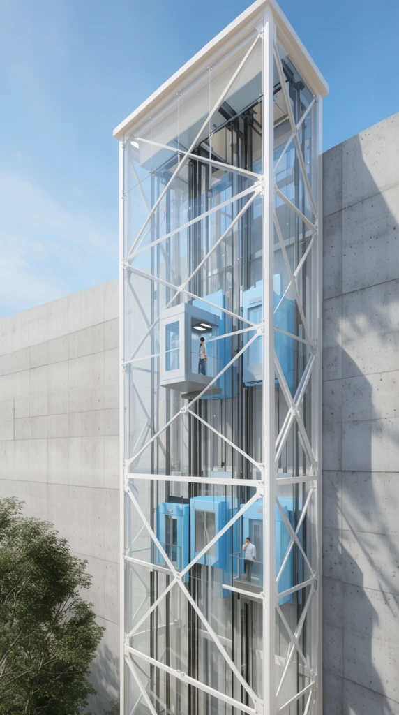 exterior glass elevator shaft on concrete building, white steel cross-bracing, two light blue elevator cars with figures, bright architectural rendering