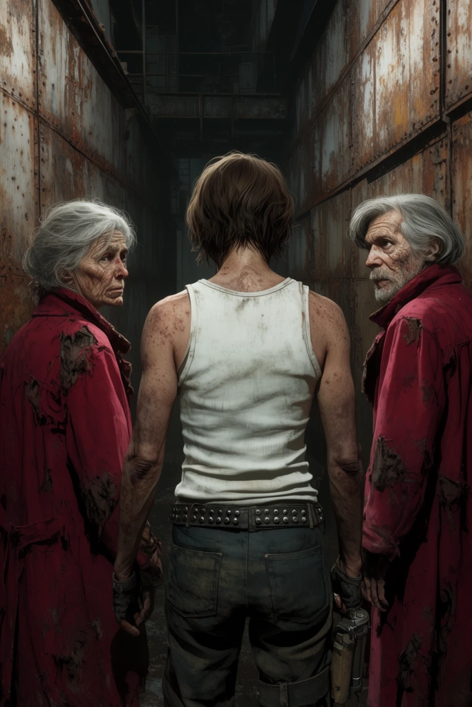 Three adult scavengers stand in a rusty industrial corridor. Seen from behind, a central figure in a white tank top is flanked by two older people in tattered crimson coats. Harsh lighting highlights their grim expressions and the decaying metallic background.