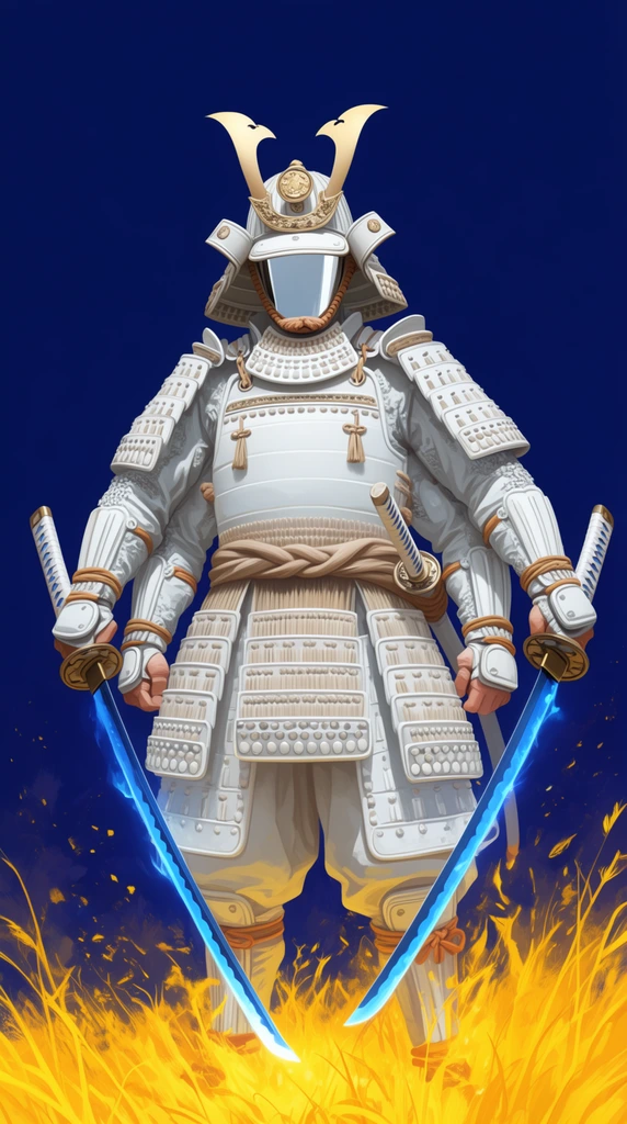 Four-armed demon in white ceramic samurai armor, blank reflective visor, holding glowing blue katanas, burning yellow grass, solid dark blue background, epic digital illustration