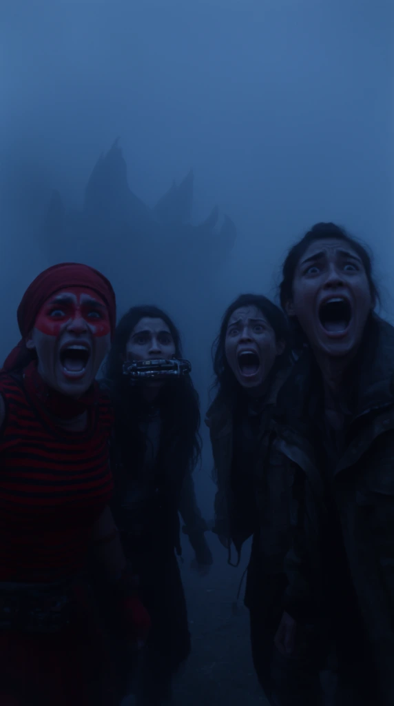 Four terrified people scream together in a dark, dense fog heavily tinted with a monochromatic deep blue cinematic hue. On the left, a person wearing a red headscarf, red face paint, and a red-and-black striped top shouts wildly. Next to them stands a dark-haired individual with a metallic device across their mouth. On the right, two dark-haired figures in heavy jackets scream in pure terror. The wide shot uses low-key lighting and a thick atmospheric haze, partially revealing a faint jagged silhouette looming in the distant background.