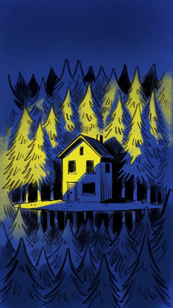 a two-story house on a strip of land surrounded by dense evergreen trees, hand-drawn sketchy illustration style with rough graphite-like line work, high-contrast duotone color palette featuring deep cobalt blue and vibrant acid yellow highlights, glowing directional light source creating harsh silhouettes and luminous surfaces, grainy stippled textures, moody indie comic aesthetic, flat perspective with loose architectural details, atmospheric and melancholic vibe, textured background.