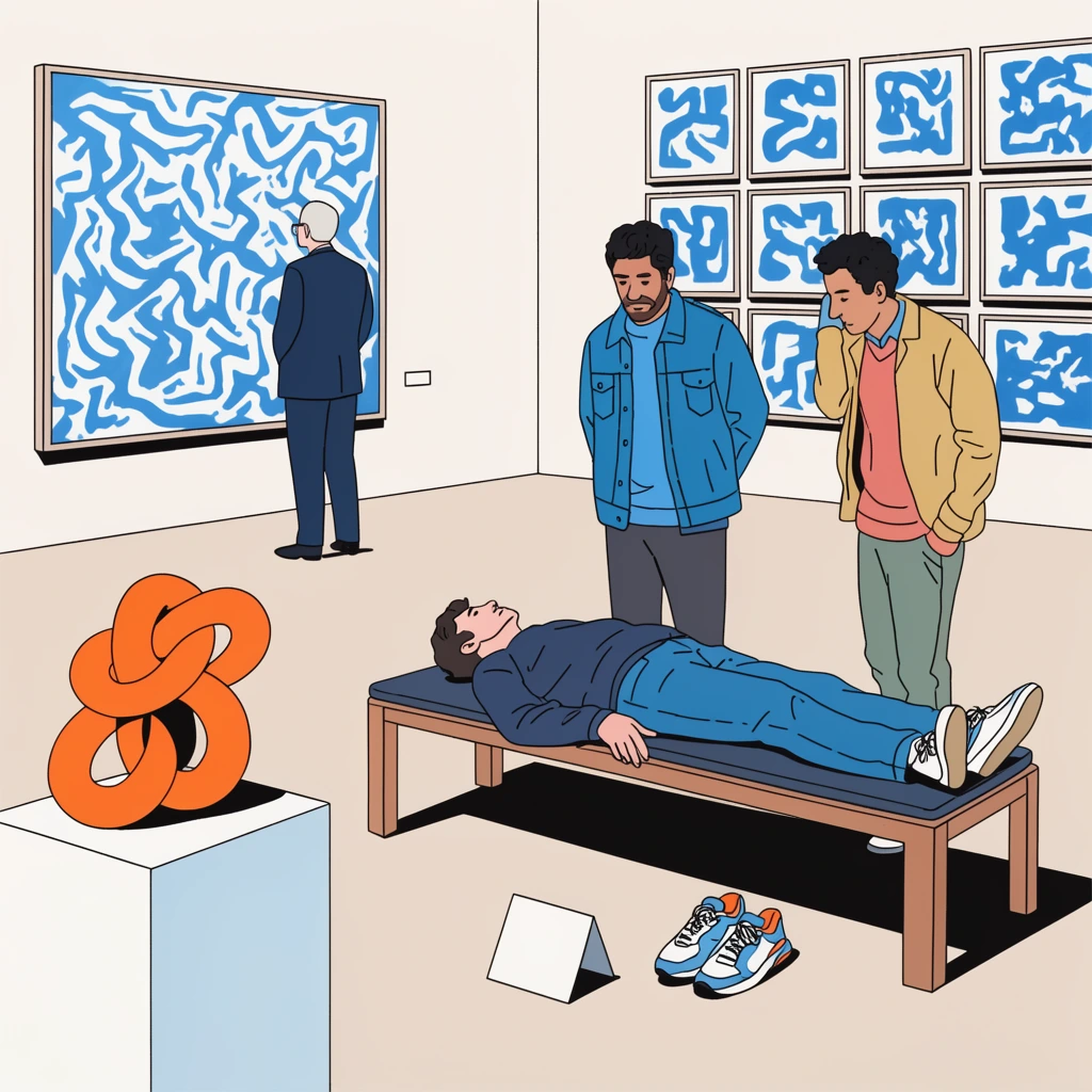 A clear-line illustration of an art gallery where visitors observe a man lying on a bench as if he were an exhibit. An abstract orange knot sculpture sits on a foreground pedestal. Two men thoughtfully study the resting figure, whose sneakers sit on the floor beside a triangular marker. Behind them, a suited patron analyzes a large blue-and-white abstract painting next to a wall grid of smaller blue artworks. The scene features flat pastel colors, bold black outlines, and minimalist shadow rendering.