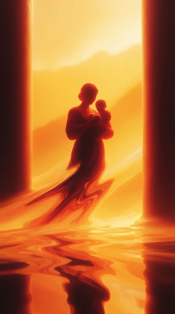 A centrally positioned, deeply shadowed silhouette of a woman holding a baby and a round fruit stands between two dark vertical columns against an intensely radiant golden-yellow landscape. The central figures are rendered in deep crimson and burnt orange, heavily backlit by the glowing environment. The lower portions of the woman's figure distort and stretch into a smooth, viscous fluid smear that trails diagonally across the glowing space. The two massive, solid columns flank the subjects in rigid symmetry, forming thick walls of dark shadow on the left and right edges. The background landscape acts as a massive, volumetric light source, producing a brilliant gradient from a blinding yellow-white core to vibrant, fiery orange at the peripheries. The foreground floor is a highly polished, softly rippling fluid surface that vividly mirrors the glowing background and the dark silhouettes above. The overall visual execution features a polished 3D digital art aesthetic, utilizing an extreme monochromatic warm color palette, intense bloom effects, striking high contrast, and surreal fluid visual distortion.