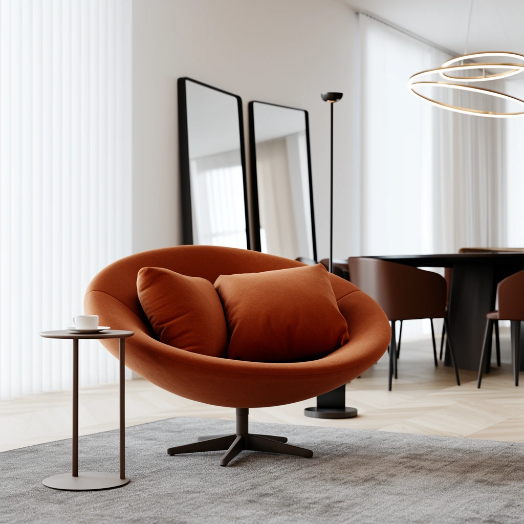 A rust-orange, bowl-shaped swivel armchair with two matching pillows rests on a gray area rug in a minimalist interior. Beside it stands a slender round side table holding a white cup. The background reveals a dark dining table with brown chairs beneath a halo chandelier, two tall leaning mirrors, and a slim black floor lamp. Light wood chevron flooring and vertical white blinds complete the airy space. Soft natural daylight illuminates the high-end architectural photography style.