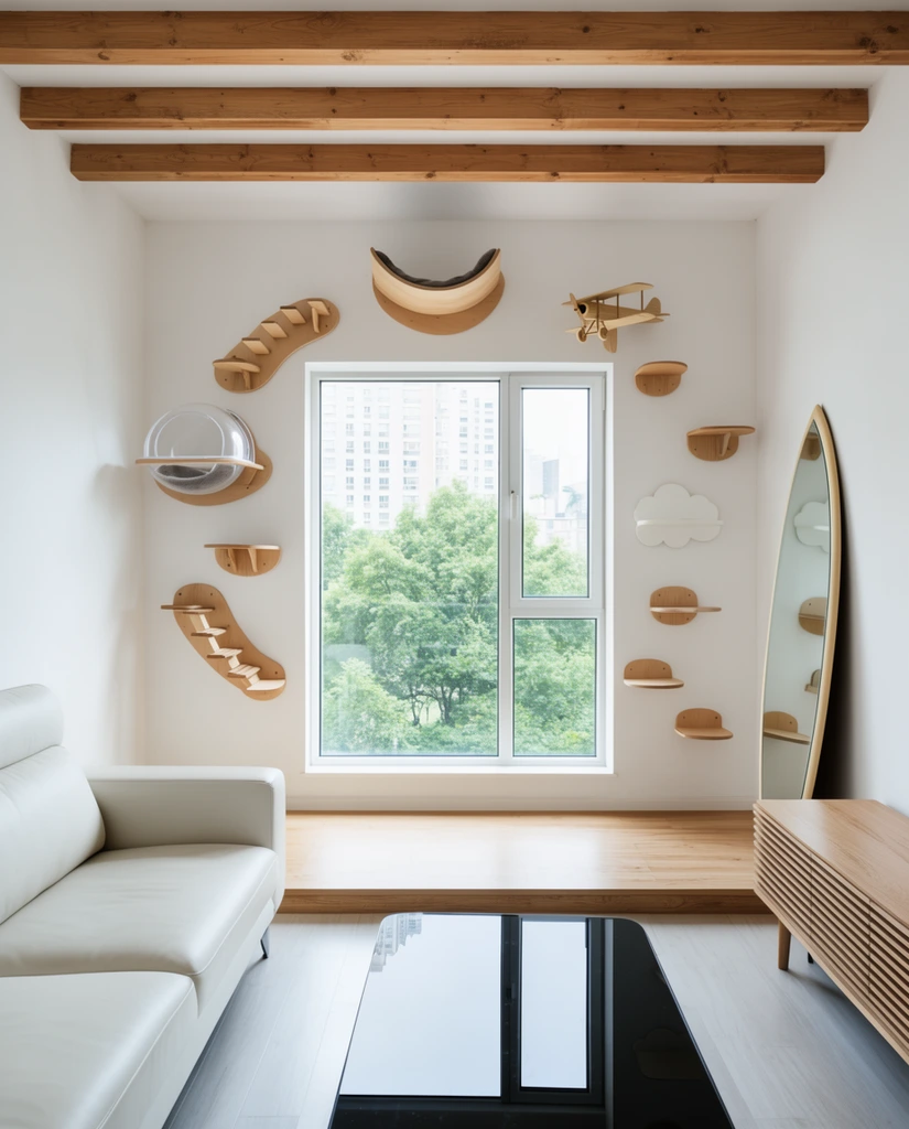 A modern minimalist living room features a custom wooden cat climbing wall arranged around a large picture window. Natural light illuminates the bright interior, framing lush green trees and city buildings outside. The white wall displays playful feline furniture, including a clear acrylic resting dome, semi-circular stepped platforms, a cloud-shaped shelf, and a small wooden airplane perch. Exposed wooden ceiling beams and a raised wood floor platform add warm natural tones. A white leather sofa sits left of a highly reflective black coffee table, opposite a slatted wood media console and a tall surfboard-shaped mirror, capturing a clean, contemporary architectural aesthetic.