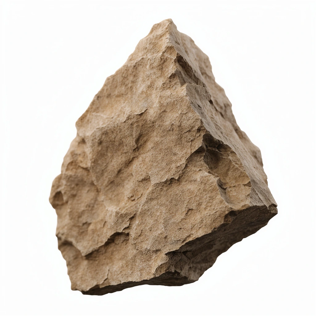 jagged fragment of light brown rock, rough matte texture, sharp uneven edges, isolated on pure white background, soft studio lighting, detailed porous surface, natural earthy tones