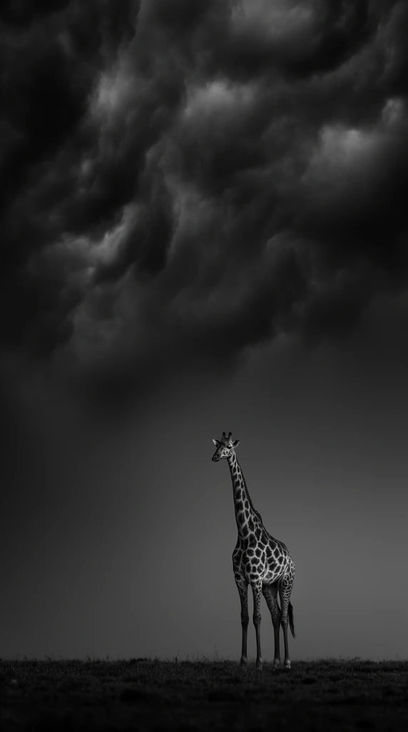A solitary giraffe stands on a low horizon line beneath a massive, turbulent sky in a dramatic black and white wildlife photograph. Positioned in the lower center-right, the tall animal faces slightly left, its intricate spotted coat and slender silhouette contrasting sharply against the dark gradient of the moody atmosphere. A vast expanse of heavy, swirling storm clouds dominates the upper frame, generating immense negative space that emphasizes the subject's isolation. The minimalist composition utilizes telephoto compression, low-key lighting, and rich monochromatic tones to create a stark, fine-art portrait.