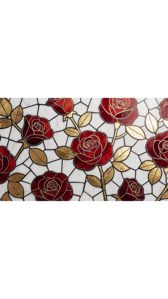 red roses with gold leaves on white mosaic background, stained glass illustration, elegant luxurious romantic vibe