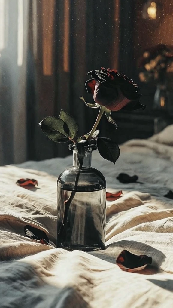 soft natural golden hour lighting, single deep red rose in a minimalist glass bottle, rumpled cream linen bedspread, scattered fallen petals, muted earthy color palette of charcoal grays and warm browns, shallow depth of field with soft bokeh, high-fashion editorial aesthetic, tactile fabric textures, melancholic yet warm mood, cinematic overhead composition, subtle film grain, desaturated tones, realistic details, urban minimalist style, 35mm film photography.