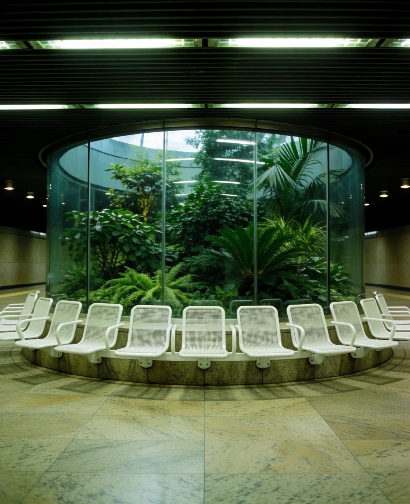 Nine white mesh-metal chairs are arranged in a wide, symmetrical semi-circle around a large, curved glass-enclosed indoor garden within a subterranean transit station. The chairs, featuring perforated seats and backs with thin metal frames, are mounted onto a low, curved plinth made of speckled beige and grey stone. Behind the glass partition, a dense collection of vibrant green tropical plants and small trees fills the enclosure, reaching toward the ceiling. The floor in the foreground consists of dark, polished square tiles that subtly reflect the light. The ceiling is composed of dark horizontal slats, punctuated by long, glowing white fluorescent light tubes and several smaller recessed spotlights that illuminate the greenery. Through the glass panels on either side of the central enclosure, the station extends into the distance, showing more stone walls and distant interior details. Small, blurred text is visible on a sign in the far left background, featuring the characters "au" in blue and "eu" in orange. The composition is centered and balanced, captured from a direct eye-level perspective, with a pervasive cool, greenish artificial light characterizing the color palette.