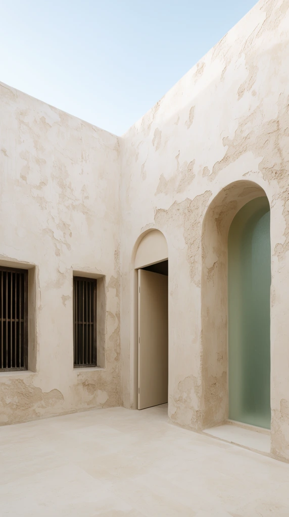 minimalist pale beige courtyard, distressed plaster walls with rough wabi-sabi textures, arched doorway, recessed windows with dark slatted grilles, concealed partially open door, frosted greenish glass panel, smooth stone floor, clear pale blue sky, bright soft architectural daylight
