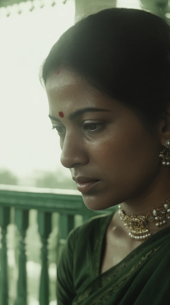 close-up cinematic portrait of a South Asian woman with a pensive downward gaze, red bindi, subtle facial sheen, gold and pearl choker necklace, ornate earrings, dark green sari, blurred background of a green wooden balcony railing, bright overexposed daylight, shallow depth of field, muted green color grading, soft atmospheric lighting