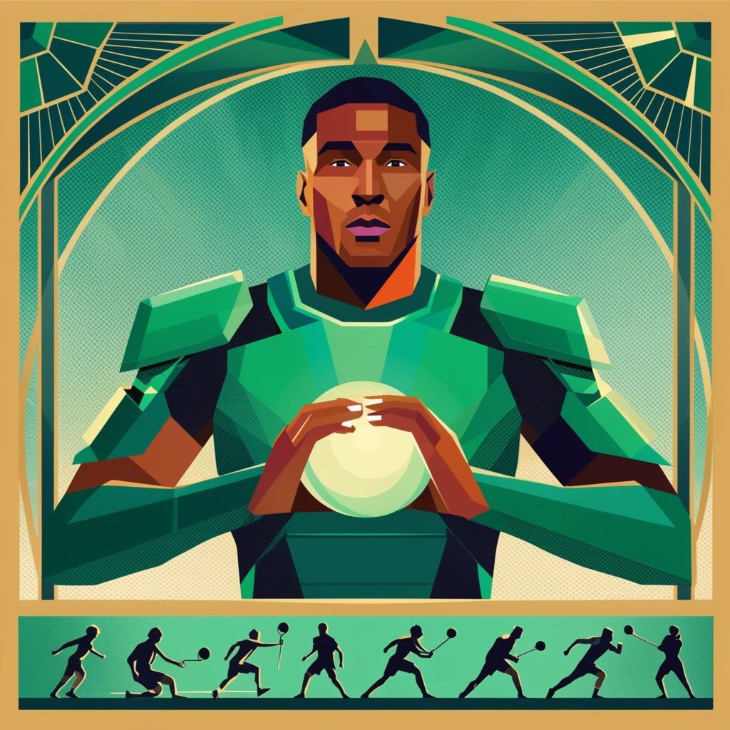 geometric vector portrait of an athlete in emerald armor, holding a glowing sphere, art deco frame, halftone patterns, smaller action silhouettes below, flat color blocking