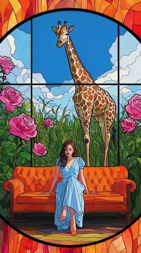 circular stained glass illustration, woman in a light blue dress sitting cross-legged on an orange tufted sofa, tall giraffe standing behind the couch amidst tall green foliage and large pink roses, bright blue sky with stylized white clouds, thick black lead lines dividing the composition into glass panes, abstract warm-toned stained glass border in orange and red hues, surreal pop art style, vivid colors, bold graphic outlines