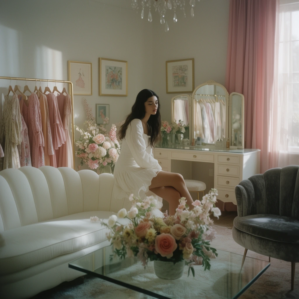 young woman with long dark hair in a white dress sitting on the arm of a scalloped white sofa, elegant pastel dressing room, hazy cinematic lighting, large floral arrangements, glass coffee table, gold clothing rack with dresses, pink window curtains, vanity with triple mirror, grey velvet chair, framed wall art, soft sunlight, wide interior shot, muted feminine color palette, editorial fashion style