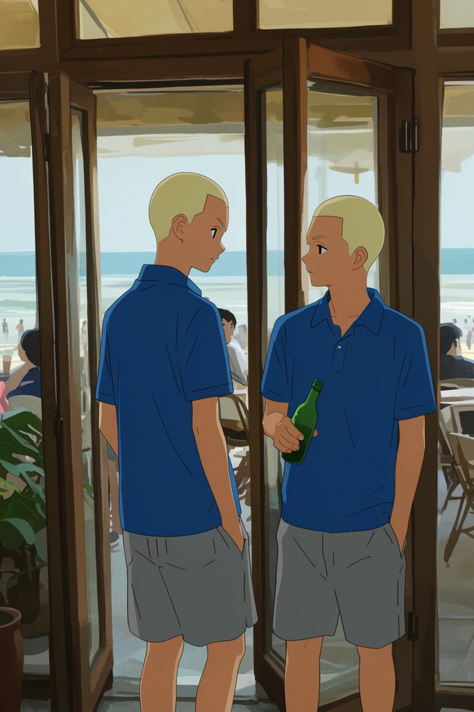 two young men with blond buzz cuts, blue polo shirts, gray shorts, standing near wooden glass doors of a beachside cafe, one holding a green bottle looking back at the other, anime illustration style, flat colors, soft natural lighting, cinematic composition