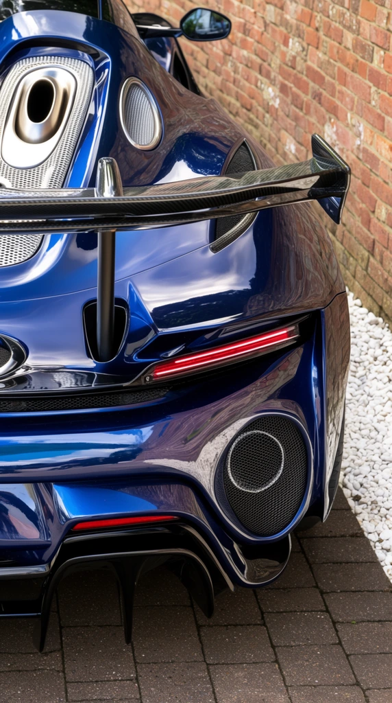A tightly cropped rear view of a glossy dark blue high-performance sports car parked on a paved driveway. The aggressive aerodynamic design features a prominent carbon-fiber rear wing elevated on sleek black struts. Above the engine deck, large metallic exhaust pipes are set within intricate silver mesh grilles. The highly reflective, curving bodywork houses narrow, horizontal red LED taillights and large circular mesh vents, flowing down into a prominent black lower diffuser with vertical fins. The pristine paint mirrors the bright sky and nearby structures. The vehicle rests on dark rectangular paving stones bordered by small white pebbles and a weathered reddish-brown brick wall on the right side. The composition highlights the complex mechanical engineering and luxurious metallic finish under bright natural daylight.