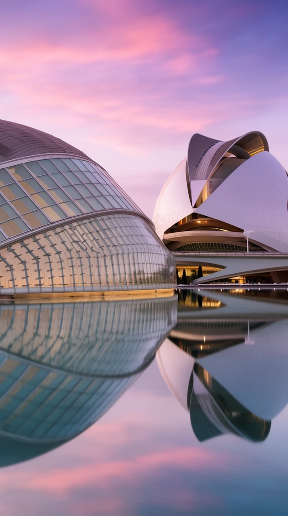 futuristic eye-shaped glass and steel building reflecting in a shallow pool to form a complete oval, adjacent towering white sculptural structure with sweeping curved roofs, warm interior illumination, symmetrical mirror reflections on perfectly still water, twilight sky with soft pink and purple clouds, long exposure architectural photography, wide-angle perspective