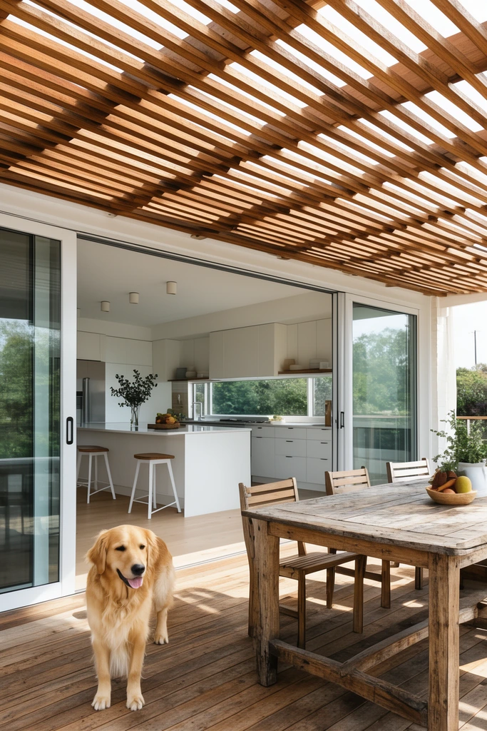 A golden retriever stands on a wooden deck beneath a slatted timber pergola casting sharp linear shadows. Wide open sliding glass doors reveal a modern white kitchen with an island. Bright natural daylight highlights the warm wood tones and a rustic outdoor dining table.