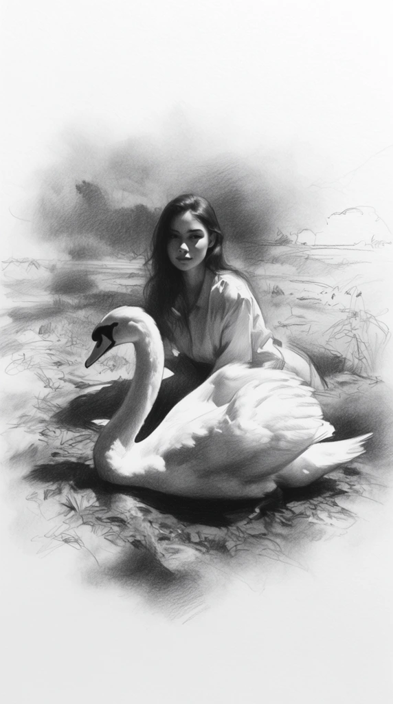 A monochromatic graphite pencil drawing of a woman and a swan set within a landscape, executed with a blend of meticulous realism and expressive sketch techniques. The woman and the swan form the central focal point, rendered with smooth, soft charcoal shading that creates deep, dramatic shadows and stark highlights utilizing the pure white texture of the paper. Their forms display intricate detail through tight pencil work, fine hatching, and carefully smudged gradients giving volume to the woman's features and the swan's plumage. The surrounding landscape presents varying degrees of detail, with the immediate environment highly rendered before smoothly dissolving into loose, dynamic contour lines and subtle grey smudges towards the periphery. The composition employs a soft vignette effect, where the stark black and rich greyscale tones of the central elements fade gradually into an expansive white background, emphasizing the tactile, granular quality of traditional drawing mediums. Strong directional lighting casts pronounced, blended shadows, enhancing the three-dimensional volume of the figures against the fading, ethereal edges of the scene.