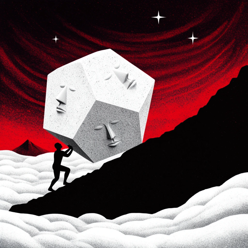A silhouetted humanoid pushes a massive, textured white polyhedron up a steep, jagged black cliff. The geometric boulder features minimalist sculptural human faces on its flat planes. Stylized, wavy white clouds blanket the foreground below. The background fades from deep black into a swirling, stippled crimson sky illuminating a distant mountain peak and three four-pointed white stars. The surreal illustration uses a high-contrast limited palette of black, white, and red with prominent granular noise resembling a retro risograph print.