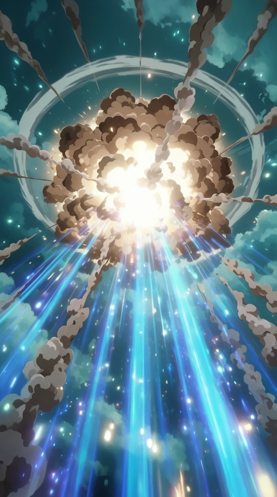 massive 2D animated sky explosion, brilliant glowing white core, billowing brown and grey stylized smoke clouds, intense radial beams of cyan and blue light cascading downwards, concentric shockwave rings, outward shooting smoke trails, deep teal atmospheric background, vibrant cinematic lighting, dynamic low angle perspective, glowing particle effects