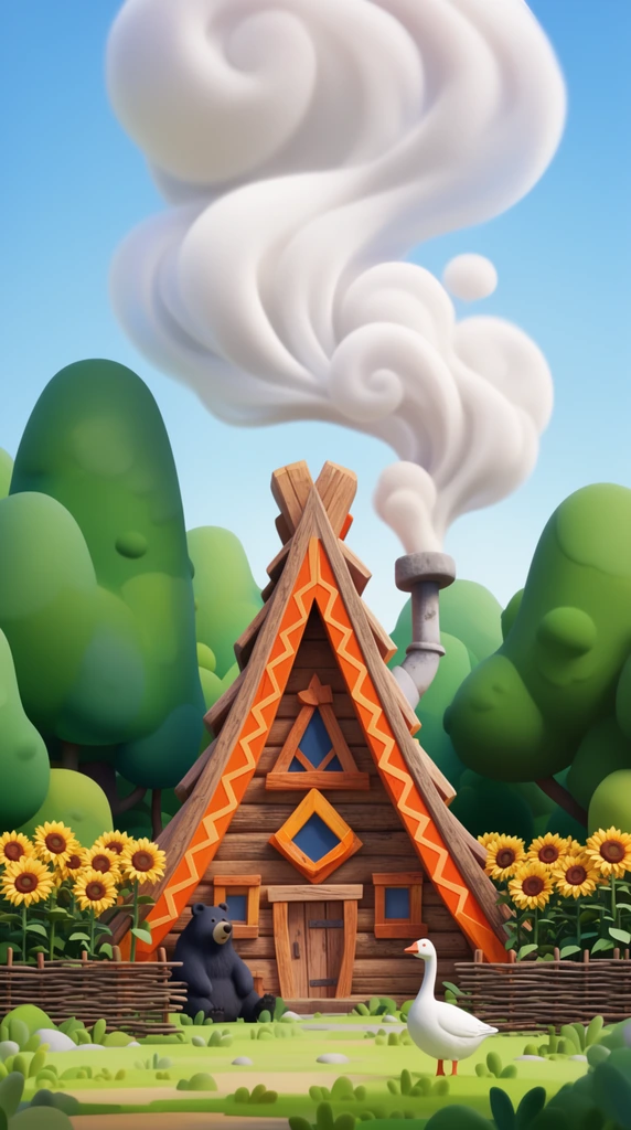stylized 3D storybook wooden forest cabin, steep pointed A-frame roof, orange zigzag decorative trim, massive whimsical white smoke plume billowing from chimney, tall sunflowers behind low woven twig fence, black bear sitting near wall, white goose in foreground grass, smooth rounded green trees, clear blue sky, soft lighting, vibrant colors