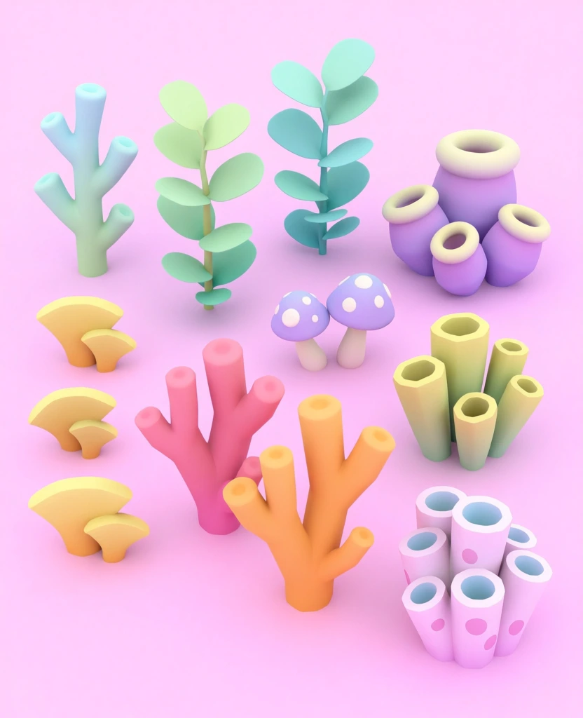A collection of twelve distinct clusters of stylized, low-poly 3D models representing various types of aquatic or alien flora and fungi is arranged on a solid light pink background. In the top left, a light blue and green branched stalk stands tall, followed by two taller plants with flat, oval leaves in shades of light green and teal. To their right, a group of four purple bulbous structures with pale yellow rims at their openings sits clustered together. In the center, two small purple mushrooms with white spots on their caps emerge from pale stems. Below these, a cluster of yellow-green tubular sponges with open tops is positioned on the right. On the far left, three separate clusters of yellow fan-shaped coral pieces are stacked vertically. To their right, two large, branching coral structures stand, one in vibrant pink and the other in a bright orange hue. In the bottom right corner, a cluster of five light pink, thick-walled tubes with blue interiors and darker pink circular spots is visible. The models feature smooth, matte surfaces with soft, pastel gradients and minimal textures, giving them a whimsical, cartoonish aesthetic. The lighting is bright and even, casting subtle soft shadows at the base of each element, and the perspective is a slightly high-angle three-quarter view, showcasing the volume of each 3D object against the flat pink field.