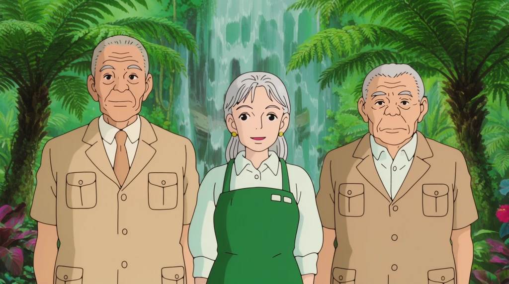 2D cel animation, three elderly characters standing together, woman with silver hair in green gardener apron, flanked by two men in tan safari suits, lush tropical greenhouse setting, giant ferns, waterfall background, bright lighting, hand-drawn anime aesthetic, flat colors
