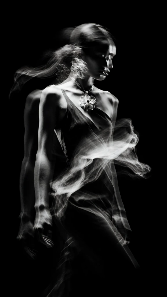 high-contrast black and white photography, long exposure motion blur, ethereal ghostly trails, dark void background, minimalist avant-garde aesthetic, chiaroscuro lighting, individuals adorned in high-fashion accessories, prominent intricate floral-shaped pendant catching light, wispy light painting textures, dramatic shadows, fluid human movement, sharp metallic details amidst rhythmic blurring, high-fashion editorial style, vertical composition, cinematic grain, smoky abstract forms.