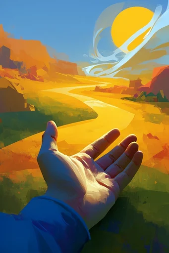 Geometric Adventure Landscapes style reference image — vibrant saturated palette