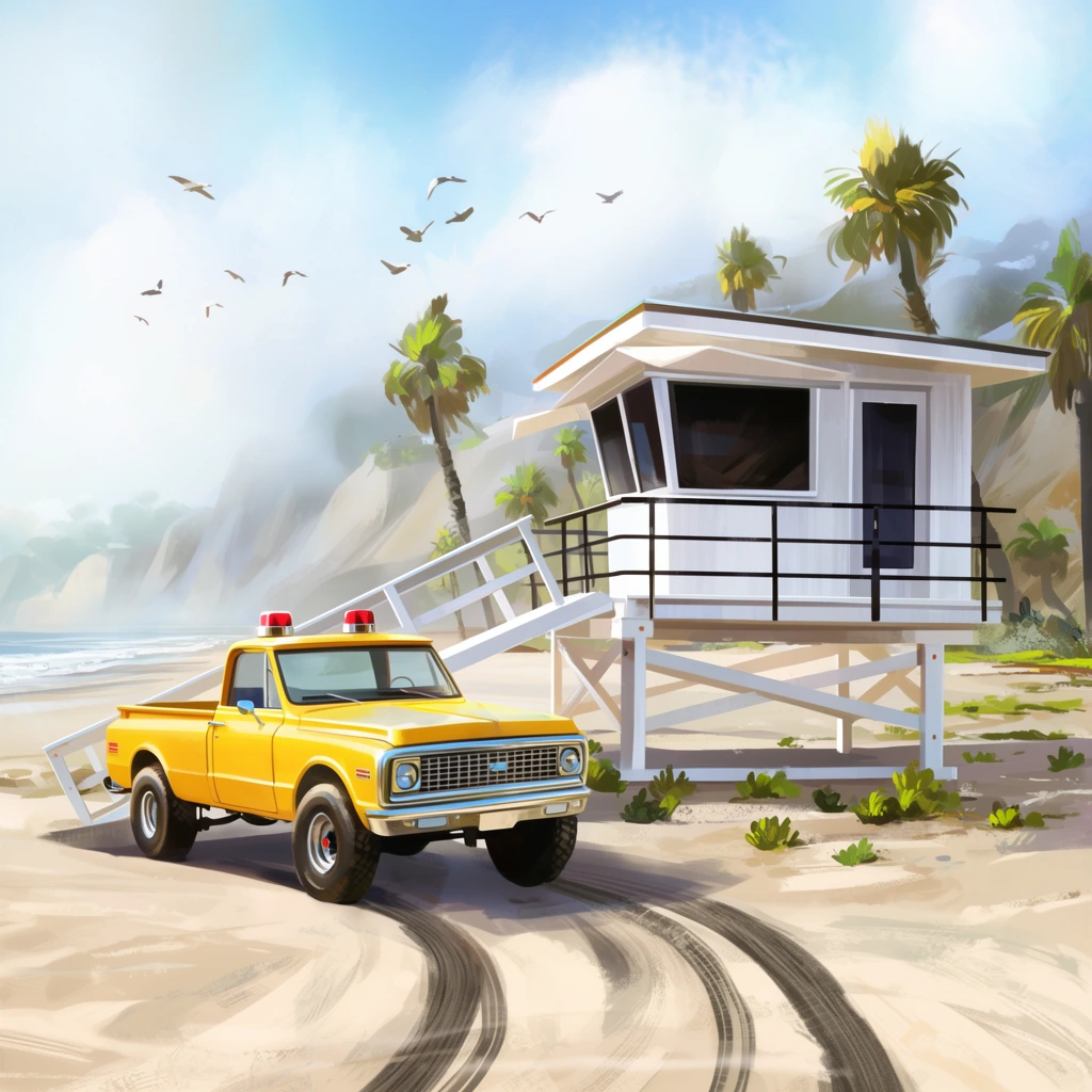A vintage yellow pickup truck rests on a sandy beach beside an elevated white wooden lifeguard tower beneath a bright, partly cloudy sky. The classic four-wheel-drive vehicle features a gleaming chrome grille, round headlights, large off-road tires, and roof-mounted red emergency lights, leaving curving dark tire tracks in the soft sand. The adjacent lifeguard structure stands on stilts, equipped with dark windows, a black wraparound balcony railing, and a long ramp descending to the ground, surrounded by scattered small green coastal shrubs and leaning palm trees. Rendered as a luminous digital painting with expressive brushstrokes, the scene captures a sun-drenched atmosphere enhanced by hazy, mist-shrouded cliffs in the distance, gentle ocean surf, and a flock of birds soaring through the airy blue sky.