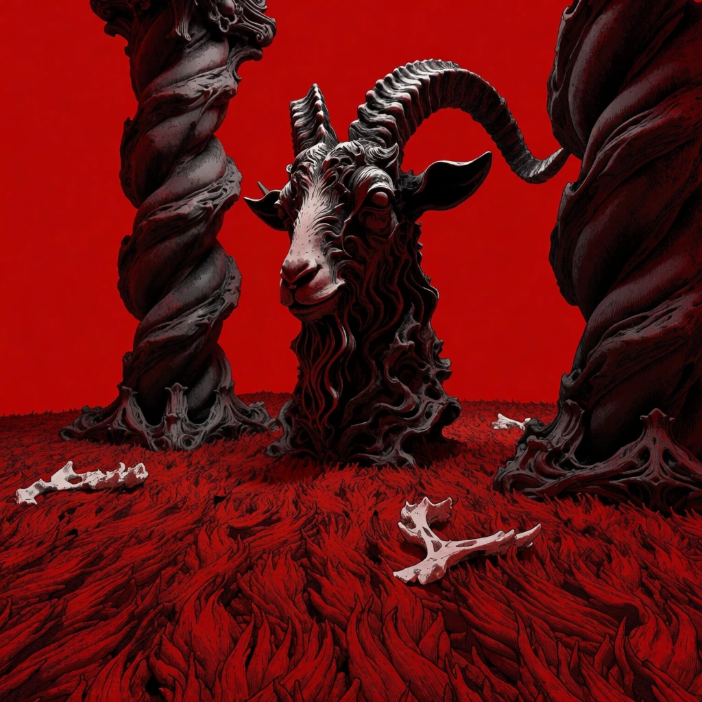 surreal gothic art direction, hyper-detailed gnarled obsidian black goat head centered in a public hall with twisted black pillars, floor of dense red fibrous organic textures, flat crimson background, monochromatic bone-white fragments scattered, intricate linework mimicking woodcut engraving and 3d digital sculpting, high contrast, gnarled muscular organic forms, minimalist palette of deep blood red and matte black and grey, moody sharp lighting.