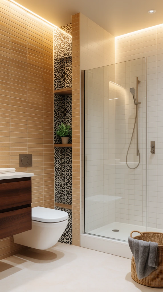 Modern bathroom interior featuring a frameless glass shower and wall-mounted white toilet. Warm LED strips illuminate horizontal tan wall tiles, contrasting with black-and-white patterned tiles in a shelving niche holding a small plant. The shower has white tiles and brushed metal fixtures. A dark wood vanity sits left, and a wicker basket with a grey towel rests on the pale floor.