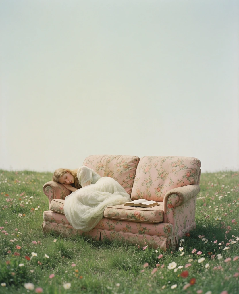 A dreamy, surreal pastoral scene shows a small floral loveseat placed alone in a wildflower meadow, with a young blonde woman asleep across the cushions beneath a fluffy white wrap and an open book beside her under a huge pale sky. Fine art photography, surreal staged portrait, pastoral dreamscape, cinematic stillness, soft natural light, minimalist composition, whimsical, ethereal, gentle melancholy, airy negative space, moderate visual complexity, editorial art photograph, visually adjacent to Tim Walker, Sarah Moon, Rinko Kawauchi, muted spring palette, sage green, dusty pink, cream, white, faded blue-gray, low contrast, soft exposure, diffuse daylight, likely overcast or hazy sun, deep focus to midground, no obvious motion blur, no harsh shadows, no visible grain, clean image, subtle atmospheric haze. The image is vertically framed, with the horizon line running horizontally a little below the middle, creating an expansive upper half of open sky. Near the upper center floats a single small soft-edged white cloud, with another faint cloud fragment far right. The sky is a smooth gradient of pale blue and gray, empty and calm. The lower half is a gently rising grassy hill covered densely in tiny white daisy-like blossoms, interspersed with scattered pink and occasional red flowers, plus taller tufts of grass. Centered slightly below the midpoint sits a two-seat loveseat facing the viewer, upholstered in faded dusty-rose fabric with a small floral pattern. Its rounded arms curl outward symmetrically, and two seat cushions sag slightly with use. Resting across the left and center cushions is a young woman, likely in her teens or twenties, fair-skinned, with light blonde hair falling over the cushion. She lies curled on her side with eyes closed, her head near the left armrest and her body extending toward the center-right. She appears peaceful, one hand tucked beneath her cheek. A voluminous white feathery or tulle-like garment or blanket drapes over her back and torso, blending softly with the pale flowers around her. On the right cushion, close to her knees, lies an open book with cream pages facing upward. The couch is surrounded closely by grass and flowers, making it feel improbably placed in the field, as though a quiet bedroom has drifted outdoors.