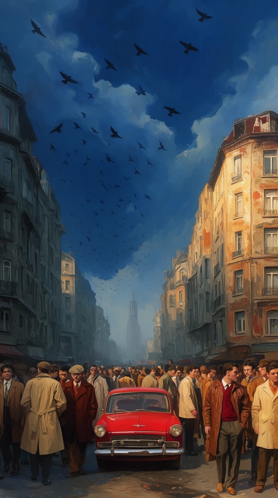 Red vintage car parked on a bustling city street, large crowd of men wearing retro trench coats and jackets, tall weathered European-style buildings lining both sides, hazy distant tower, dramatic deep blue sky with swirling clouds, flock of dark birds soaring overhead, warm sunlight on right buildings, cool shadows on left, cinematic oil painting style, surreal atmosphere
