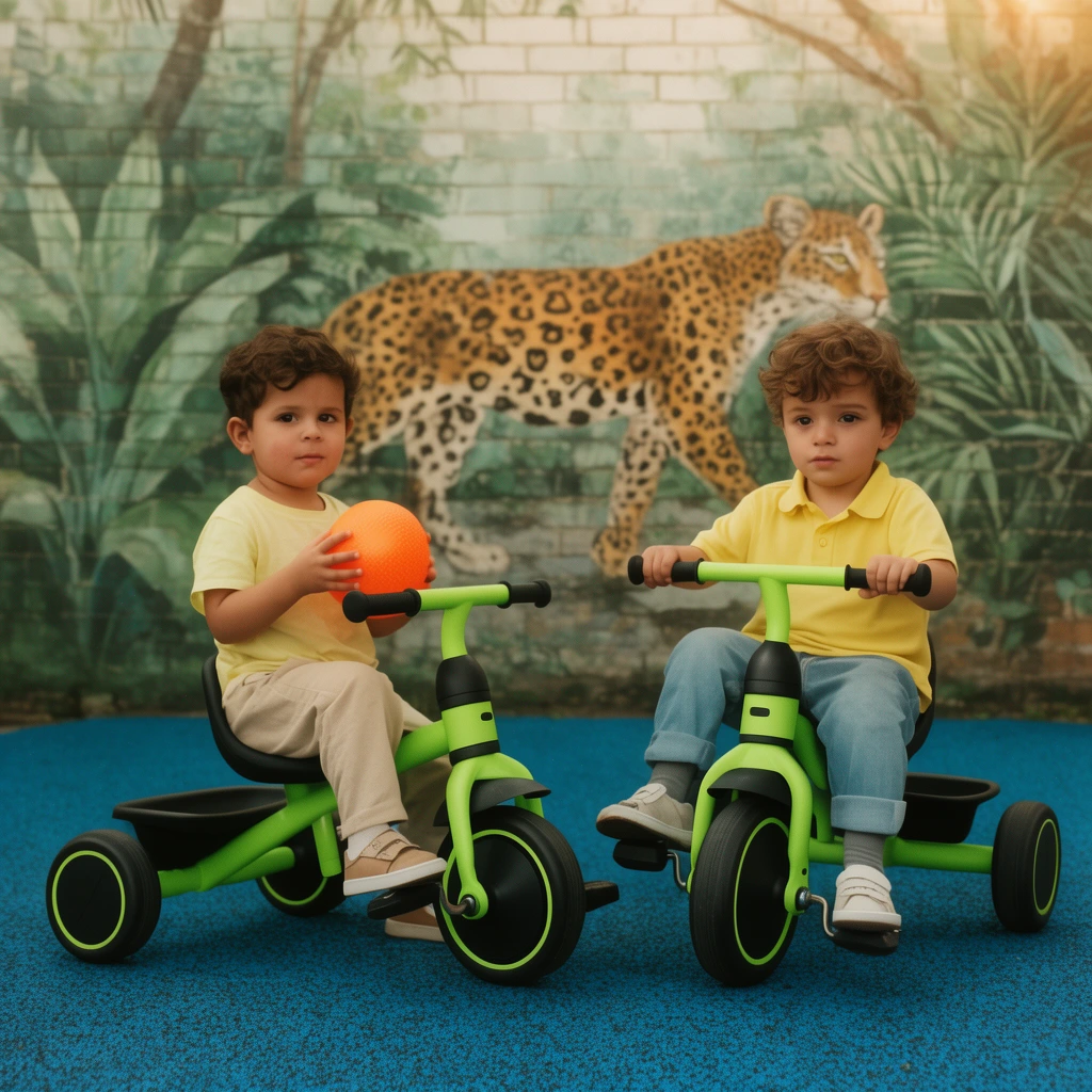 Two young boys on matching neon green and black tricycles, left boy in pale yellow shirt holding a bright orange ball, right boy in yellow polo gripping handlebars, textured blue rubber playground surface, background brick wall with faded painted jungle mural of a leopard, soft warm daylight, vintage lifestyle photography, medium eye-level shot