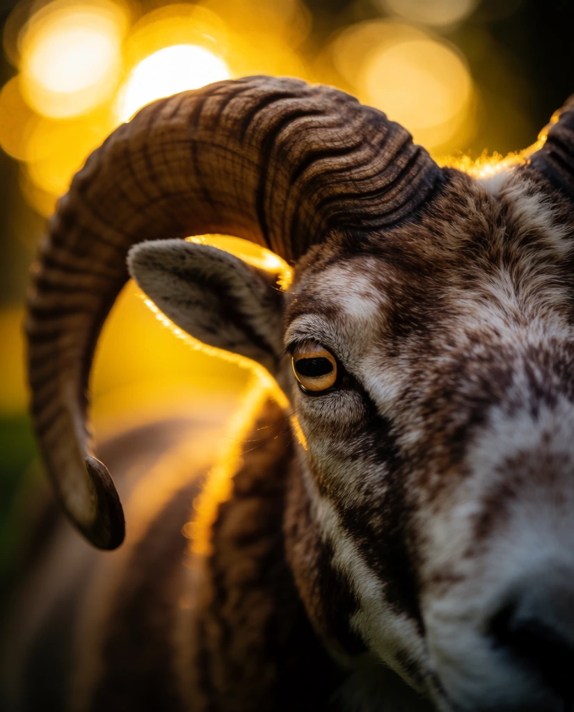 Extreme close-up profile of a ram, large curved ridged horn, detailed eye, speckled brown and white fur, intense warm golden backlight, deep shadows, heavily blurred background with bright yellow glowing bokeh circles, macro photography, cinematic high contrast