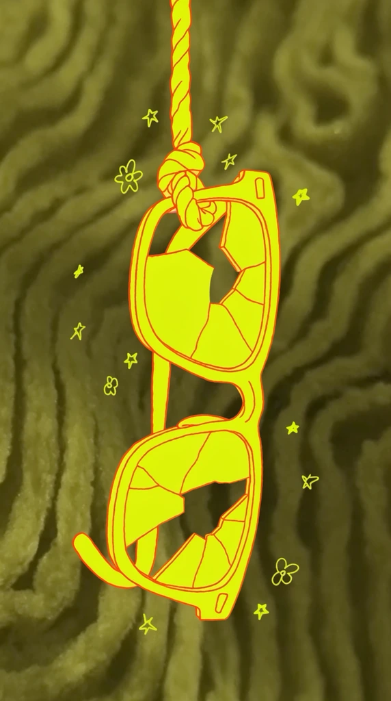 A pair of broken glasses hanging from a rope, rendered entirely in a flat, luminous neon-yellow fill bordered by thin, wobbly, reddish-orange hand-drawn contour lines. The shattered lenses, bent frames, and twisted rope feature solid, uniform coloring, standing out in stark, graphic contrast against a murky, olive-green background characterized by blurry, undulating, macroscopic textured folds forming deep, soft-focus ridges and valleys. Floating sporadically around the glasses and rope are small, hand-drawn neon-yellow doodle motifs of simple stars and primitive flowers. The mixed-media composition merges this low-fi, 2D indie animation line art aesthetic with a deep, textured, photorealistic background, producing a surreal, high-contrast duotone risograph atmosphere.