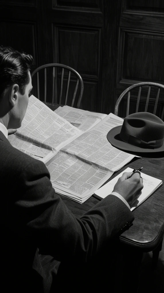 black and white film noir scene, man in suit viewed from behind at table, reading large open newspapers, holding pen over notepad, fedora hat on table, two empty spindle-back chairs, dark wood paneled background, dramatic shadows, high contrast lighting, over-the-shoulder perspective