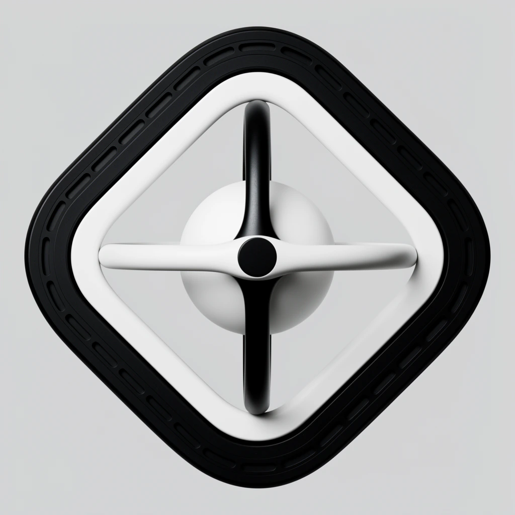 abstract nested gimbal structure, black rounded diamond frame with slotted tracks, inner white frame, intersecting horizontal white and vertical black curved bars, central black pivot dot, internal white spherical core, high contrast monochrome palette, matte finish, precise symmetrical composition, direct overhead perspective, flat light gray background, uniform studio lighting, minimalist industrial design