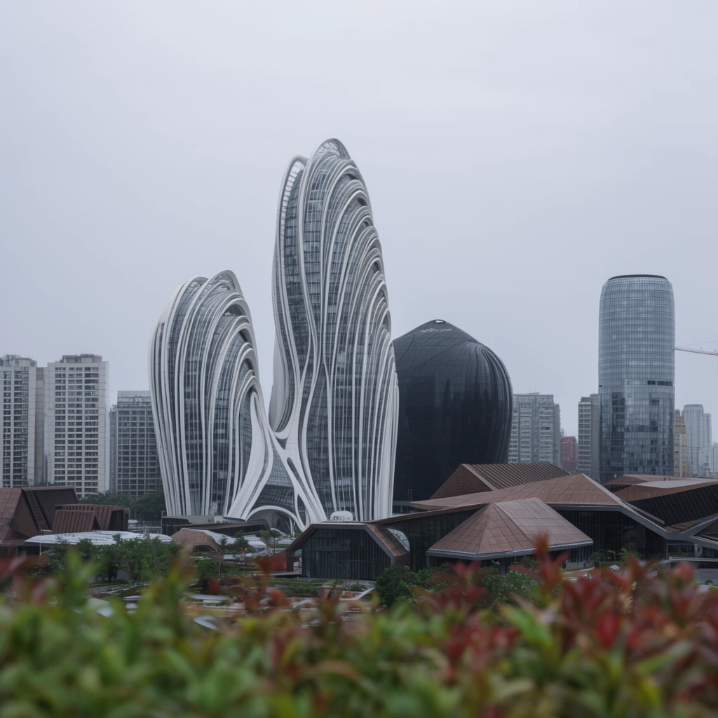 A modern cityscape featuring towering organic skyscrapers with sweeping curvilinear white ribs. A dark bulbous building contrasts with standard rectangular high-rises and a cylindrical glass tower under a flat overcast sky. Lower angular structures with brown roofs occupy the midground. Out-of-focus green and reddish foliage blurs the immediate foreground, framing the parametric architectural panorama with diffuse, muted lighting.